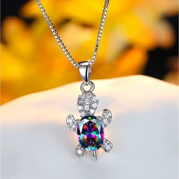 “Just Keep Swimming" Multicolor Turtle Diamond Sterling Silver Gift Necklace - Picture 1 of 12